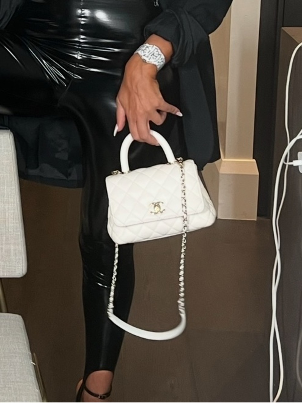 CHANEL White Handle Mini Coco  Flap Bag w/ Chain strap w/ orig rec box bag card
